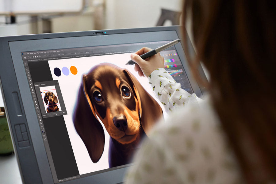 digital artist drawing portrait of weiner dog on a tablet