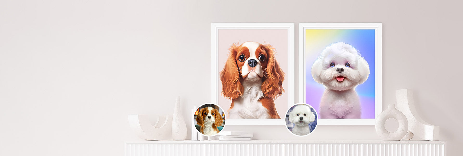 Cartoon style framed custom pet portraits cocker spaniel and poodle