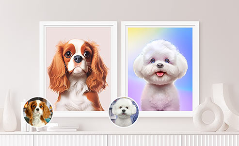 Cartoon style framed custom pet portraits cocker spaniel and poodle